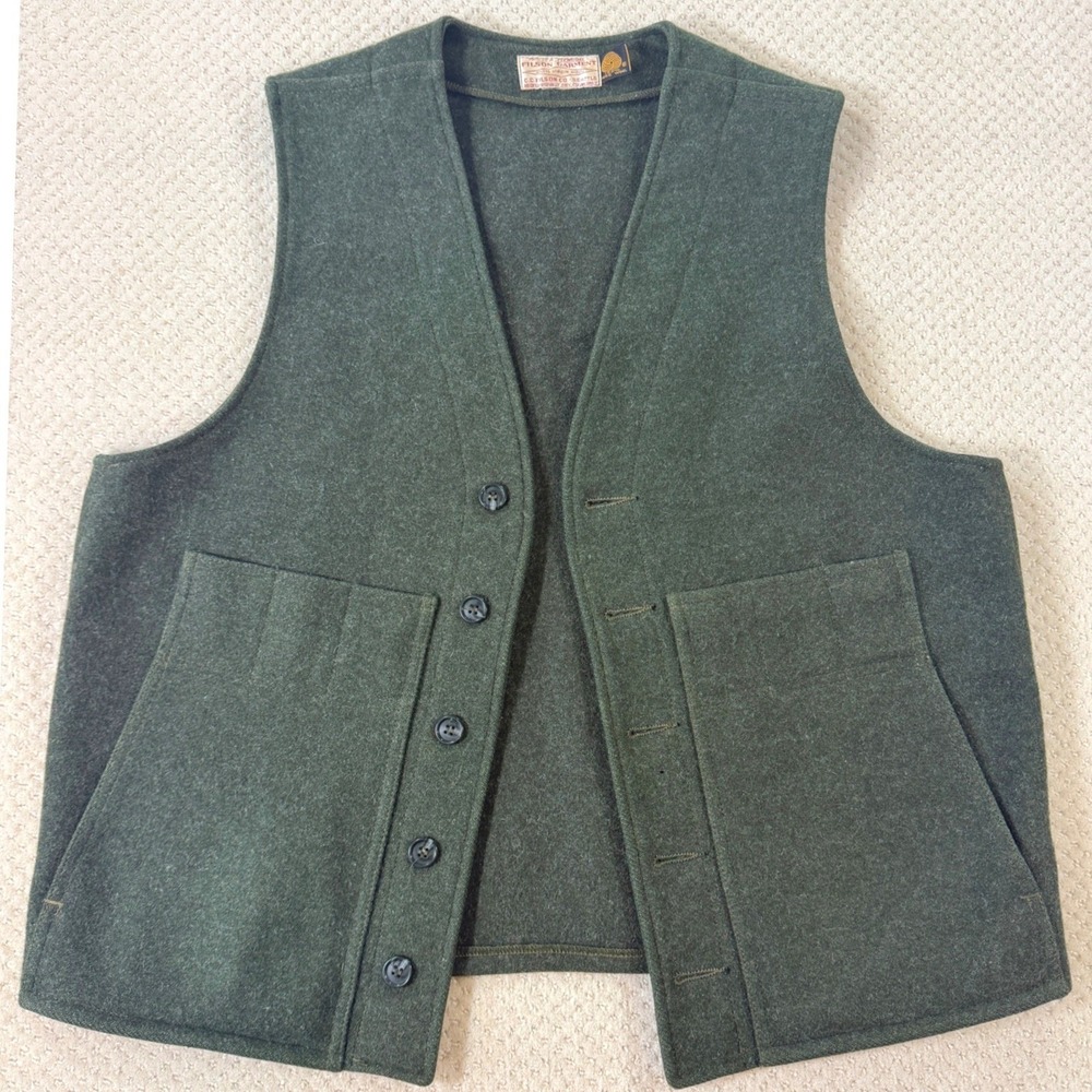 Vintage Filson Mackinaw Wool Vest *FLAWS* XL Forest Green Button Front Hunting - Picture 9 of 9